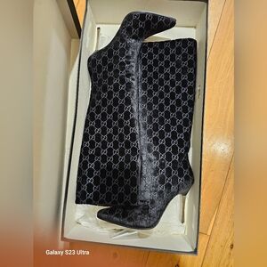 Gucci Black Velvet Monogram Heeled Boots